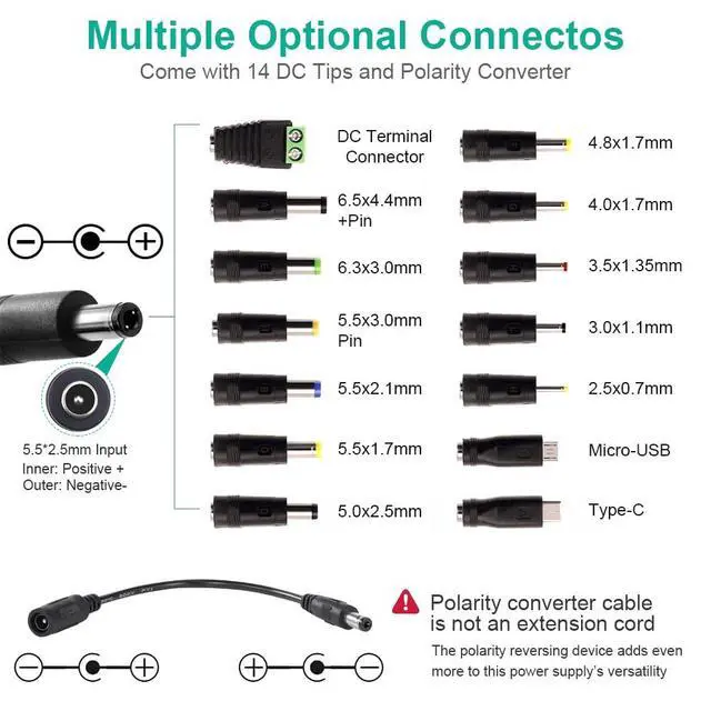Alt view image 5 of 7 - 120W Universal Power Supply 3V~24V 5A Adjustable Multi Voltage Adapter | Adjustable AC DC Charger with LED Voltage Display, 14 Tips, Polarity Converter for LED Strip Household Electronics DIY