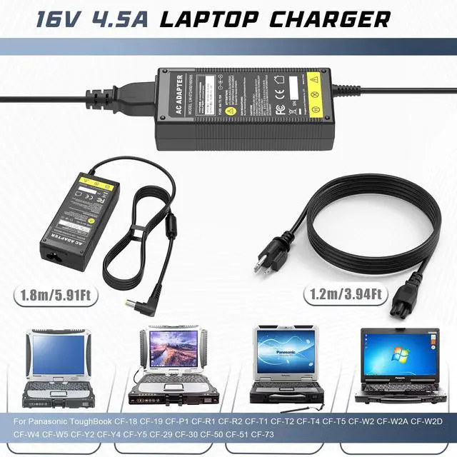 Alt view image 5 of 7 - 72W 16V 4.5A Charger for Panasonic Toughbook CF-52 CF-53 CF-53A CF-54 CF-74 CF-C1 CF-H1 CF-F9 CF-S10 CF-19