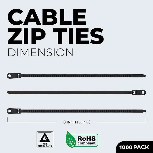 Alt view image 2 of 7 - Black Cable Ties 1,000 Pcs Cable Zip Ties 8 Inch with Screw Down Hole for Mounting- Strong Nylon Wire Ties with 50 Lbs Tensile Strength Cable Management Ties for Outdoor & Indoor