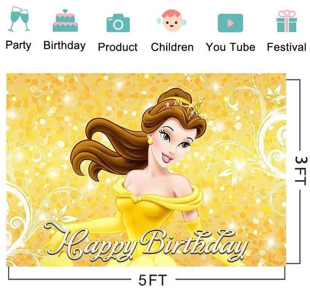 Alt view image 2 of 4 - Yellow Princess Backdrop Birthday Party Supplies 5x3ft Beauty and The Beast Photo Backgrounds Princess Belle Theme Baby Shower Banner for Birthday Cake Table Decoration WAN6576E