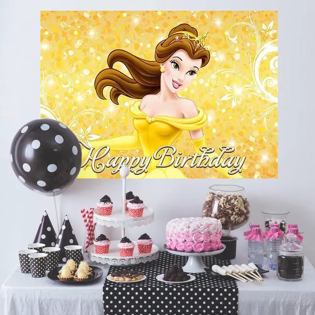 Alt view image 3 of 4 - Yellow Princess Backdrop Birthday Party Supplies 5x3ft Beauty and The Beast Photo Backgrounds Princess Belle Theme Baby Shower Banner for Birthday Cake Table Decoration WAN6576E