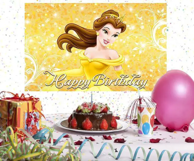 Alt view image 4 of 4 - Yellow Princess Backdrop Birthday Party Supplies 5x3ft Beauty and The Beast Photo Backgrounds Princess Belle Theme Baby Shower Banner for Birthday Cake Table Decoration WAN6576E