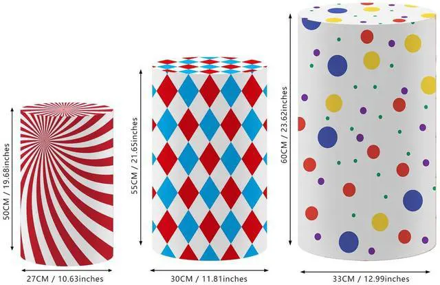 Alt view image 2 of 5 - Circus Theme Birthday Party Cylinder Fabric Covers, Set of 3,Elastic Spandex,Baby Shower Decoration Props (Circus,Small-Set of 3)