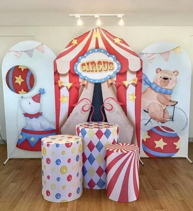 Alt view image 3 of 5 - Circus Theme Birthday Party Cylinder Fabric Covers, Set of 3,Elastic Spandex,Baby Shower Decoration Props (Circus,Small-Set of 3)