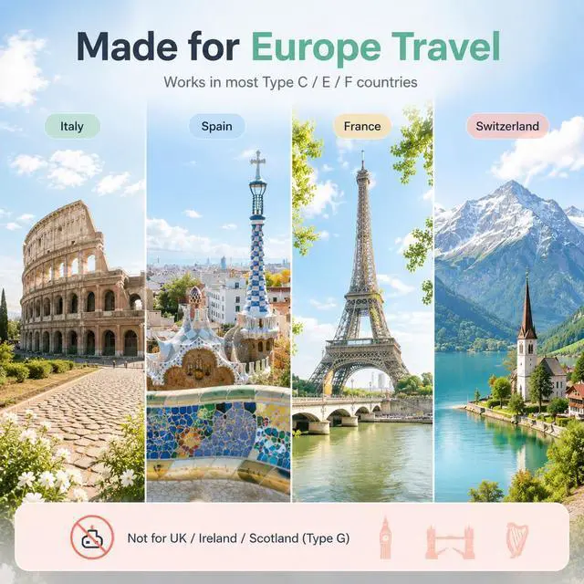 Alt view image 2 of 6 - Voltage Converter for European Travel: 220V to 110V Converter US to Europe, Plug Adapter with Fast Charge 2 USB C, 2 USB A & 2 Outlets, Universal Travel Essentials for France Germany Italy Spain, etc