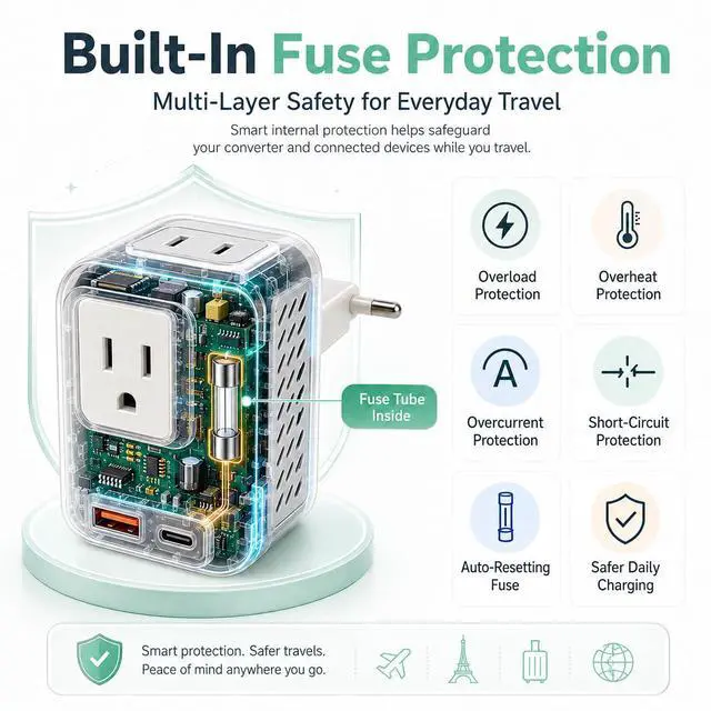 Alt view image 6 of 6 - Voltage Converter for European Travel: 220V to 110V Converter US to Europe, Plug Adapter with Fast Charge 2 USB C, 2 USB A & 2 Outlets, Universal Travel Essentials for France Germany Italy Spain, etc