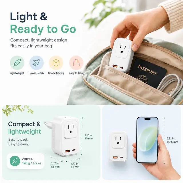 Alt view image 5 of 6 - Voltage Converter for European Travel: 220V to 110V Converter US to Europe, Plug Adapter with Fast Charge 2 USB C, 2 USB A & 2 Outlets, Universal Travel Essentials for France Germany Italy Spain, etc