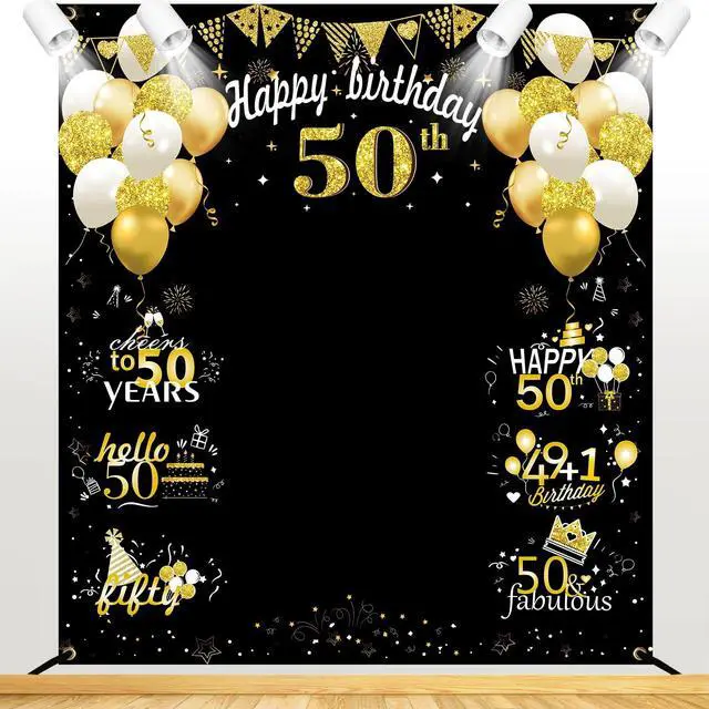 Main image of Large 50th Birthday Decorations, Big 50 Birthday Banner for Women Men | Black Gold Funny Fifty Years Bday Photo Booth Props Party Supplies for Outdoor Indoor