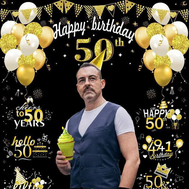 Alt view image 3 of 6 - Large 50th Birthday Decorations, Big 50 Birthday Banner for Women Men | Black Gold Funny Fifty Years Bday Photo Booth Props Party Supplies for Outdoor Indoor