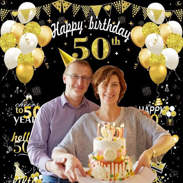 Alt view image 4 of 6 - Large 50th Birthday Decorations, Big 50 Birthday Banner for Women Men | Black Gold Funny Fifty Years Bday Photo Booth Props Party Supplies for Outdoor Indoor