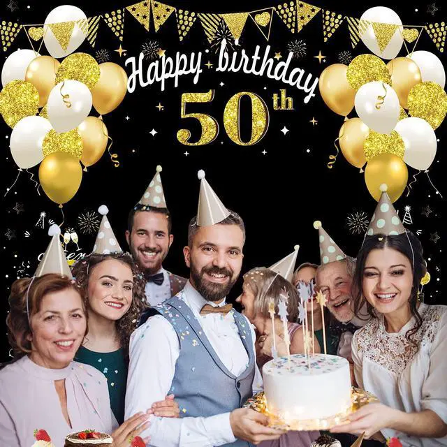 Alt view image 5 of 6 - Large 50th Birthday Decorations, Big 50 Birthday Banner for Women Men | Black Gold Funny Fifty Years Bday Photo Booth Props Party Supplies for Outdoor Indoor