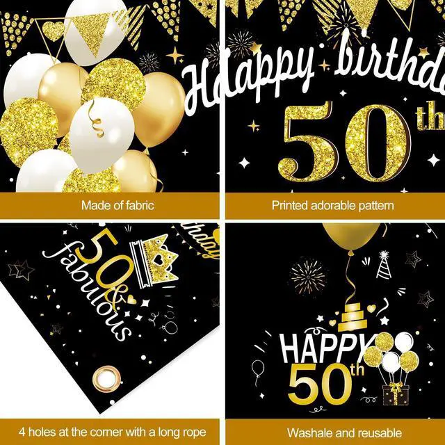 Alt view image 6 of 6 - Large 50th Birthday Decorations, Big 50 Birthday Banner for Women Men | Black Gold Funny Fifty Years Bday Photo Booth Props Party Supplies for Outdoor Indoor