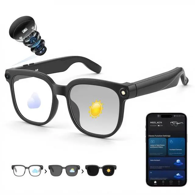 Main image of AI Smart Glasses with Camera, 8MP 4K/1080P Video Recording Glasses, Real-Time Translation, AI Voice Assistant & Object Recognition, Open-Ear Audio, Photochromic UV400 Lenses for Travel & Business