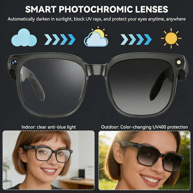 Alt view image 4 of 7 - AI Smart Glasses with Camera, 4K Video, AI Assistant,Real-Time Translation Open-Ear Speakers, Bluetooth Calling, Object Recognition, Photochromic UV400