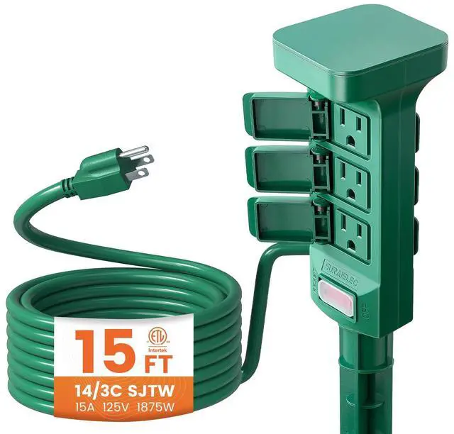 Main image of Outdoor Power Stake Waterproof 6 Grounded Outlets, 15FT | Power Strip Weatherproof Multiple Extension Cord Outlets for Patio, Christmas Decoration, Outdoor Light, 1875W/15A,Green