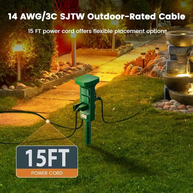 Alt view image 6 of 7 - Outdoor Power Stake Waterproof 6 Grounded Outlets, 15FT | Power Strip Weatherproof Multiple Extension Cord Outlets for Patio, Christmas Decoration, Outdoor Light, 1875W/15A,Green