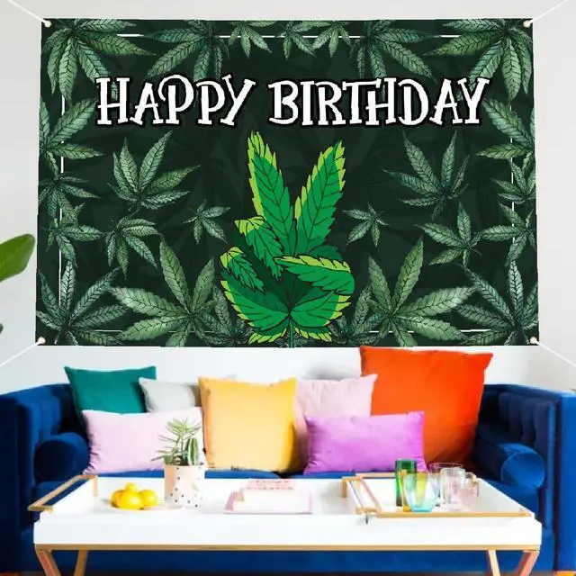 Alt view image 3 of 6 - Happy Birthday Backdrop Banner Cool Green Plant Leaves Flag Favors Wall Hanging Decor Natural Plants Grass Jungle Theme Birthday Party Photo Photography Prop Booth Background 70.9x47.2in