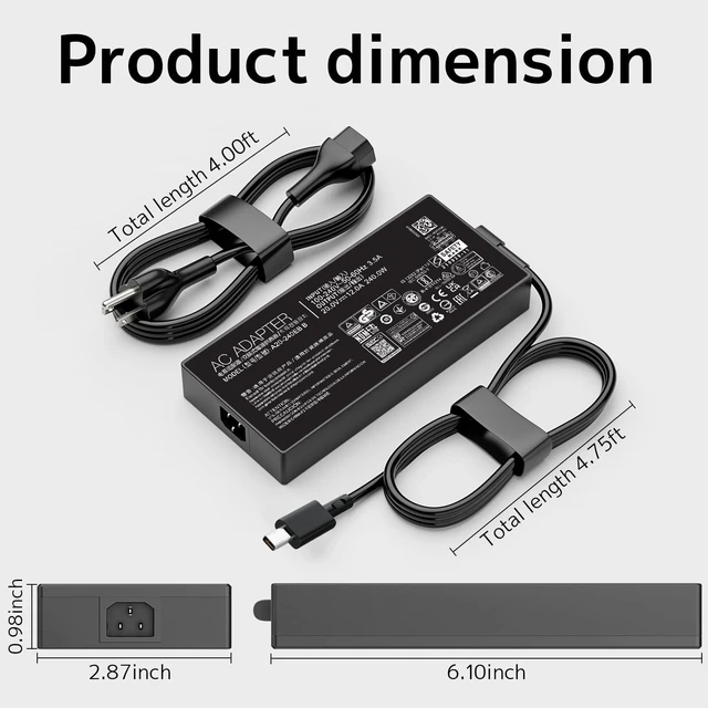 Alt view image 3 of 7 - 240W Charger for ASUS ROG Flow Zephyrus G14 G16 TUF Gaming ProArt Laptop 20V 12A Gaming Adapter for ADP-240EB B A20-240P1A, Rectangle Connector ROG Flow Z13, ProArt P16, Stable Power, Fast Charging