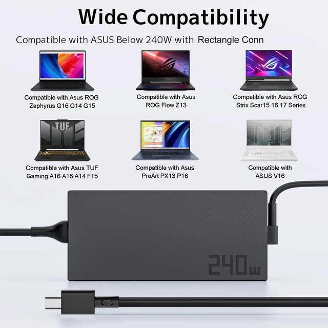 Alt view image 5 of 7 - 240W Charger for ASUS ROG Flow Zephyrus G14 G16 TUF Gaming ProArt Laptop 20V 12A Gaming Adapter for ADP-240EB B A20-240P1A, Rectangle Connector ROG Flow Z13, ProArt P16, Stable Power, Fast Charging