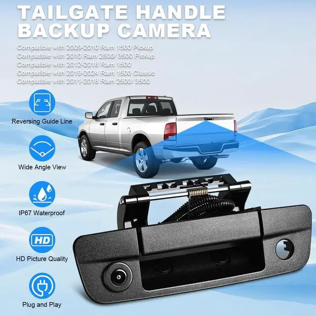 Alt view image 4 of 7 - Rear Tailgate Handle Backup Camera Compatible with 2010-2018 Dodge Ram 1500 2500 3500 Rear View Reverse Back Up Camera RCA Connector with Key Hole-Textured Black, 68044904AG