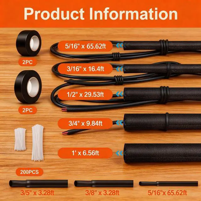 Alt view image 2 of 7 - Split Wire Loom Sleeve Master Kit, Complete Cord & Hose Protection for Vehicles, No-Chew Cable Management Set with Split Sleeves, Fabric Heat Shrink Tubing, Silicone Tape & Cable Ties