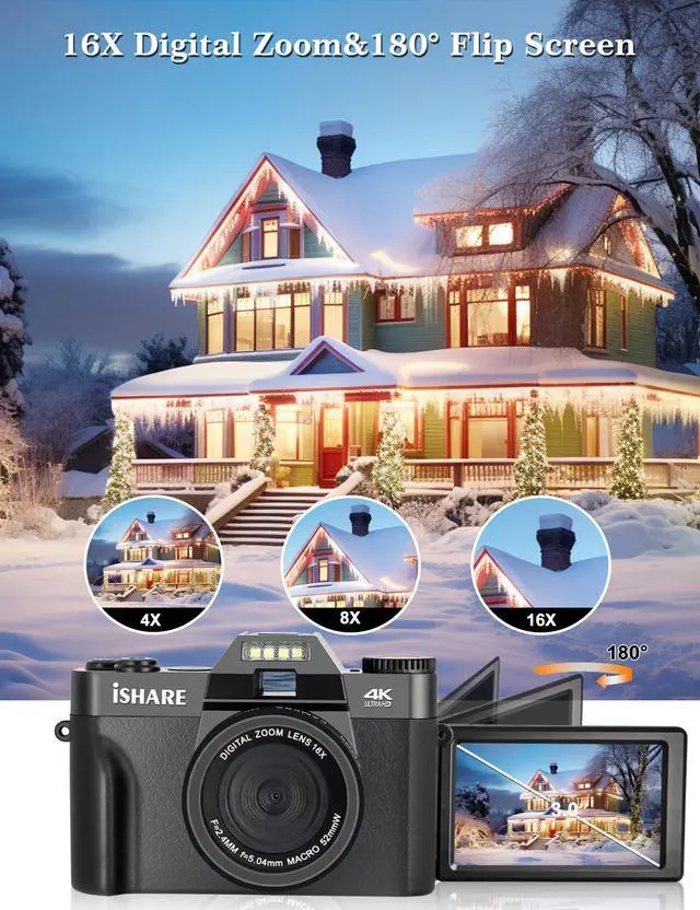 Alt view image 2 of 7 - 4K 56MP Vlogging Camera for YouTube, 16X Zoom Anti-Shake for Beginners | 3" flip screen, Wide-angle and Macro lenses, 2 batteries, Compact Point and Shoot, for YouTube, Travel, Teens, Students