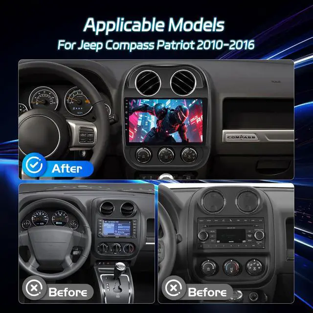 Alt view image 2 of 7 - Android Radio for Jeep Compass Patriot 2010-2016: 10.1 inch Touch Screen Aftermarket Stereo with Wireless Carplay and Android Auto, 5G/WiFi, DSP/EQ, GPS, Split Screen, SWC + AHD Backup Camera