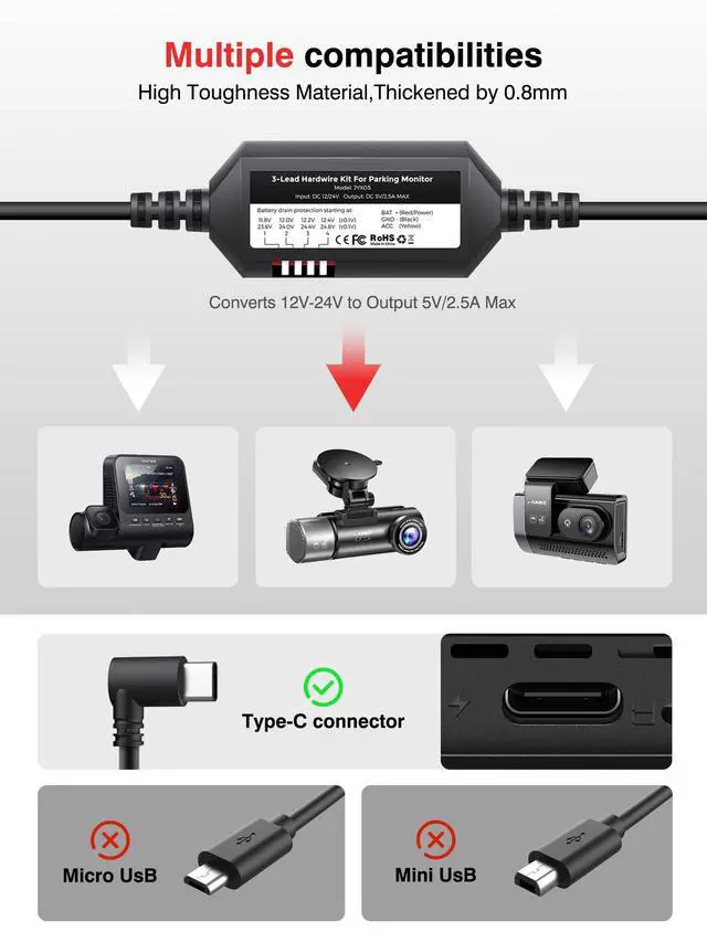 Alt view image 4 of 6 - Hardwire Kit for Dash Cam, 24/7 Parking Mode Type-C Cable | Converts 12-24V to 5V/2.5A, 11.5ft Length, Low Voltage Cut-Off Protection, Built-in Circuit Fuses for Car Front/Rear Camera