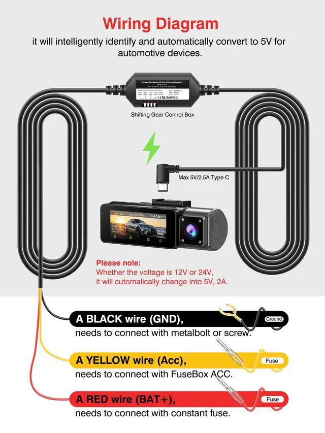 Alt view image 5 of 6 - Hardwire Kit for Dash Cam, 24/7 Parking Mode Type-C Cable | Converts 12-24V to 5V/2.5A, 11.5ft Length, Low Voltage Cut-Off Protection, Built-in Circuit Fuses for Car Front/Rear Camera