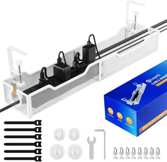 Main image of Cable Management Under Desk - 25.2" Open Slots No Dill Cable Tray | Metal Under Desk Cable Management Tray - Cord Organizer for Office Home - Clamp-On Design Wire Organization Box - White
