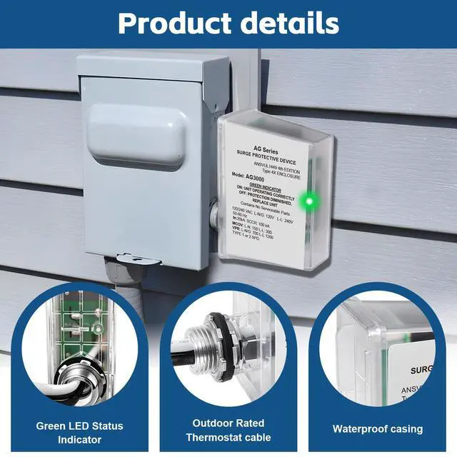 Alt view image 2 of 7 - AG3000 HVAC Surge Protector 120/240V, 3-Mode Mini Split Surge Protective Device with TPMOV Technology, Type 4X Watertight Enclosure Lightning & Surge Protection for AC, Furnace, HVAC Equipment