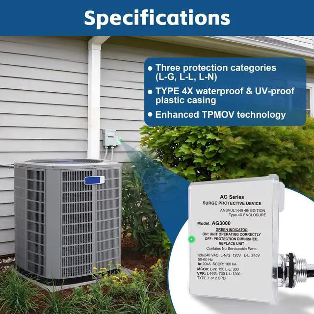 Alt view image 5 of 7 - AG3000 HVAC Surge Protector 120/240V, 3-Mode Mini Split Surge Protective Device with TPMOV Technology, Type 4X Watertight Enclosure Lightning & Surge Protection for AC, Furnace, HVAC Equipment