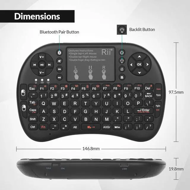 Alt view image 4 of 7 - 2.4GHz Mini Wireless Keyboard with TouchpadQWERTY Keyboard, Backlit Portable with Remote Control for Laptop/PC/Tablets/Windows/Mac/TV/Xbox/PS3/Raspberry Pi .(Black)