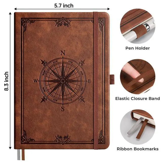 Alt view image 3 of 7 - Lined Journal Notebook, 192 Numbered Pages, A5 Medium Size (5.7'' x 8.3''), for Men & Women, Journaling, Writing, Work & Office, Leather Hardcover, 100 GSM Thick Paper (Brown)