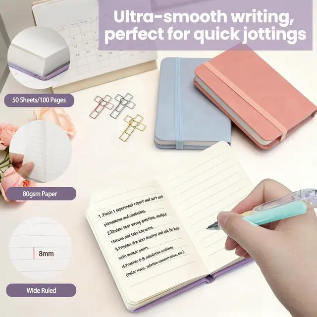 Alt view image 3 of 7 - 3 Pack Pocket Notebook Journals, A7 Mini Leather Hardcover Journal, 4.3 inches x 3.1 inches 200 Pages Small Notepad Notebooks for Note Taking (Light Pink, Light Purple, Light Blue)
