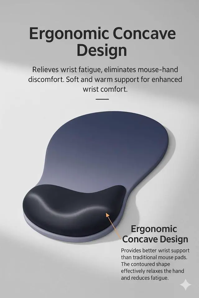 Alt view image 4 of 7 - Ergonomic Mouse Pad with Memory Foam Wrist Support, Non-Slip PU Base, Smooth Lycra Surface, Comfortable Wrist Rest for Office, Home & Gaming Gray Black