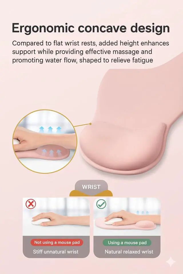 Alt view image 4 of 7 - Ergonomic Mouse Pad with Memory Foam Wrist Support, Smooth Lycra Surface, Non-Slip PU Base, Comfortable Mouse Mat for Office & Home Desk Accessories Pink