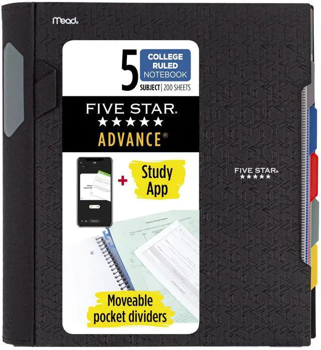 Main image of Advance Spiral Notebook + Study App, 5 Subject, College Ruled Paper, 8-1/2" x 11", 200 Sheets, Spiral Guard, Movable Tabbed Dividers, Black (73144)