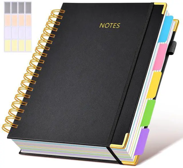 Main image of Hardcover Spiral Notebook journal with Removable Dividers Tabs, 300 Pages Leather 5 Subject Notebook College Ruled, 8"x10" Large B5 Notebooks for Work School Note taking, Lined Journal for Women,Black