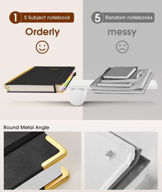 Alt view image 3 of 7 - Hardcover Spiral Notebook journal with Removable Dividers Tabs, 300 Pages Leather 5 Subject Notebook College Ruled, 8"x10" Large B5 Notebooks for Work School Note taking, Lined Journal for Women,Black