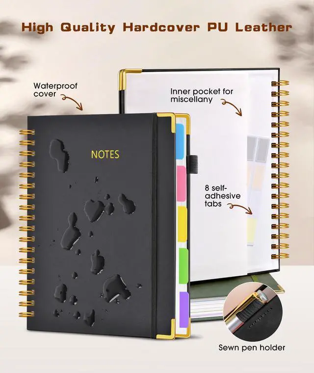 Alt view image 2 of 7 - Hardcover Spiral Notebook journal with Removable Dividers Tabs, 300 Pages Leather 5 Subject Notebook College Ruled, 8"x10" Large B5 Notebooks for Work School Note taking, Lined Journal for Women,Black