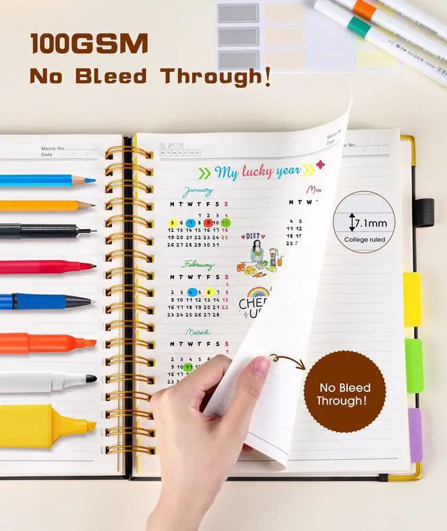 Alt view image 5 of 7 - Hardcover Spiral Notebook journal with Removable Dividers Tabs, 300 Pages Leather 5 Subject Notebook College Ruled, 8"x10" Large B5 Notebooks for Work School Note taking, Lined Journal for Women,Black