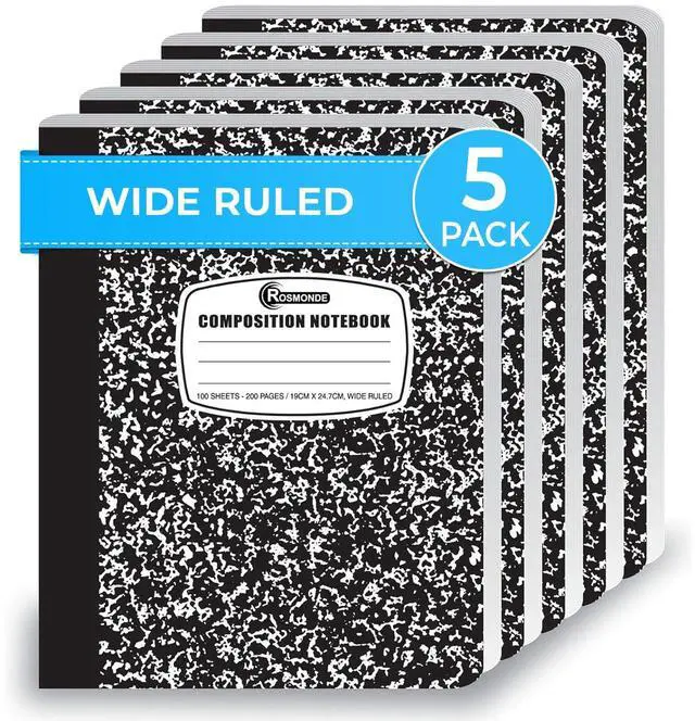 Main image of Composition Notebook Wide Ruled 5 Pack, 200 Pages (100 Sheets), 9-3/4 x 7-1/2, Back to School Supplies, Notebooks for School, Office Supplies, Notebooks for Work, Wide Ruled Notebook