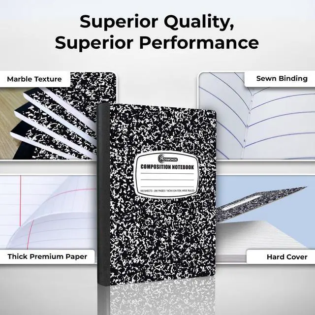 Alt view image 2 of 7 - Composition Notebook Wide Ruled 5 Pack, 200 Pages (100 Sheets), 9-3/4 x 7-1/2, Back to School Supplies, Notebooks for School, Office Supplies, Notebooks for Work, Wide Ruled Notebook