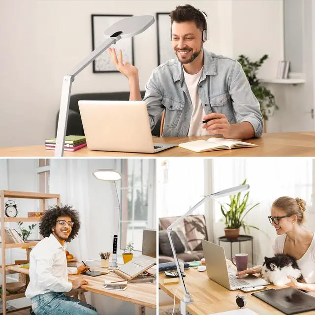 Alt view image 2 of 7 - LED Desk Lamp for Home Office, 15W Desk Light with C- Clamp, Swing Arm, Memory & Timer Function, 1200LM Dimmable Computer Light for Video Calls, Conference, Study (White-Clamp)