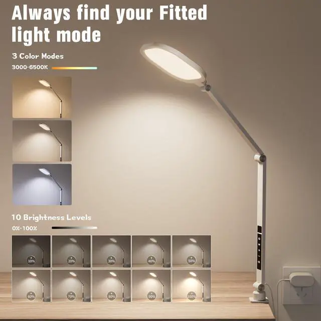 Alt view image 4 of 7 - LED Desk Lamp for Home Office, 15W Desk Light with C- Clamp, Swing Arm, Memory & Timer Function, 1200LM Dimmable Computer Light for Video Calls, Conference, Study (White-Clamp)