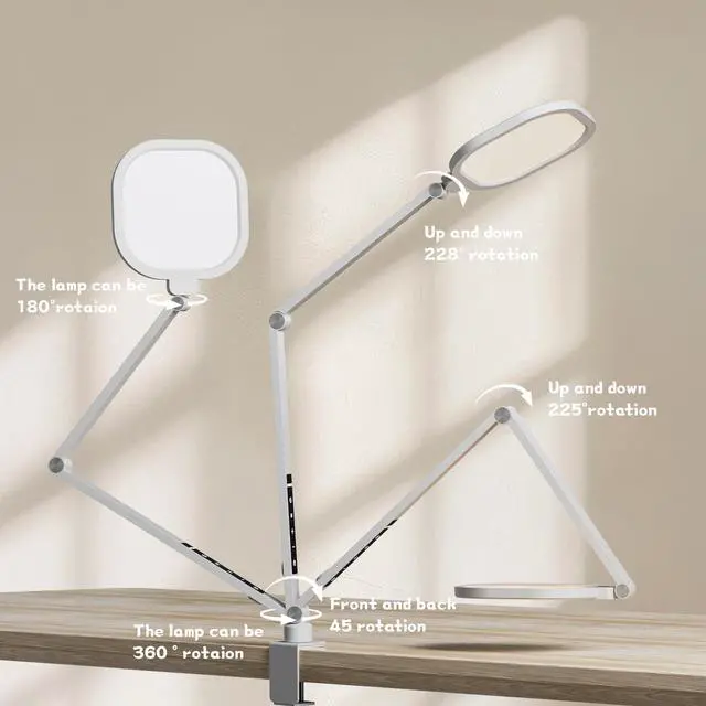 Alt view image 3 of 7 - LED Desk Lamp for Home Office, 15W Desk Light with C- Clamp, Swing Arm, Memory & Timer Function, 1200LM Dimmable Computer Light for Video Calls, Conference, Study (White-Clamp)
