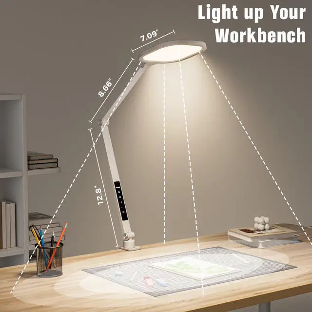 Alt view image 5 of 7 - LED Desk Lamp for Home Office, 15W Desk Light with C- Clamp, Swing Arm, Memory & Timer Function, 1200LM Dimmable Computer Light for Video Calls, Conference, Study (White-Clamp)