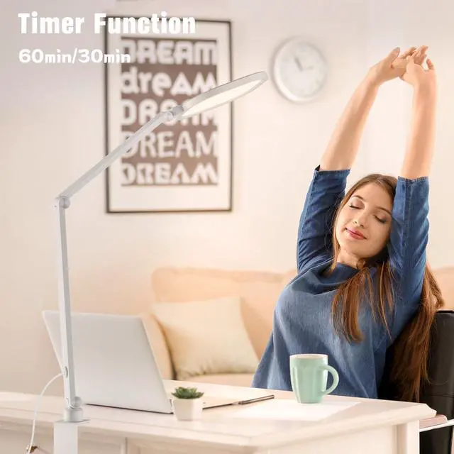 Alt view image 6 of 7 - LED Desk Lamp for Home Office, 15W Desk Light with C- Clamp, Swing Arm, Memory & Timer Function, 1200LM Dimmable Computer Light for Video Calls, Conference, Study (White-Clamp)