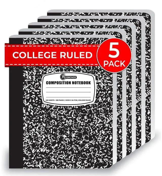 Main image of College Ruled Composition Notebooks 5 Pack, 200 Pages (100 Sheets), 9-3/4" x 7-1/2", White & Black Marble Composition Book, Hard Cover, Sturdy Sewn Binding, School, College & Office Supplies
